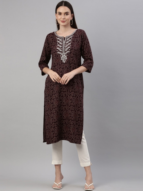 

GOLDSTROMS Women Coffee Brown Geometric Printed Keyhole Neck Jacquard Kurta