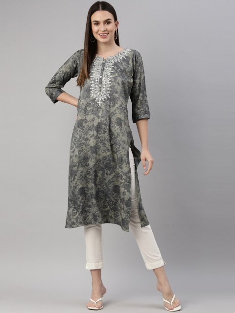 

GOLDSTROMS Women Grey Geometric Printed Keyhole Neck Thread Work Jacquard Kurta