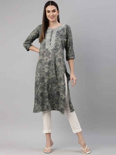 

GOLDSTROMS Women Grey Printed Round Neck Thread Work Jacquard Kurta