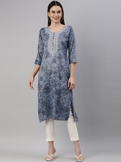 

GOLDSTROMS Women Blue Geometric Dyed Flared Sleeves Thread Work Jacquard Kurta