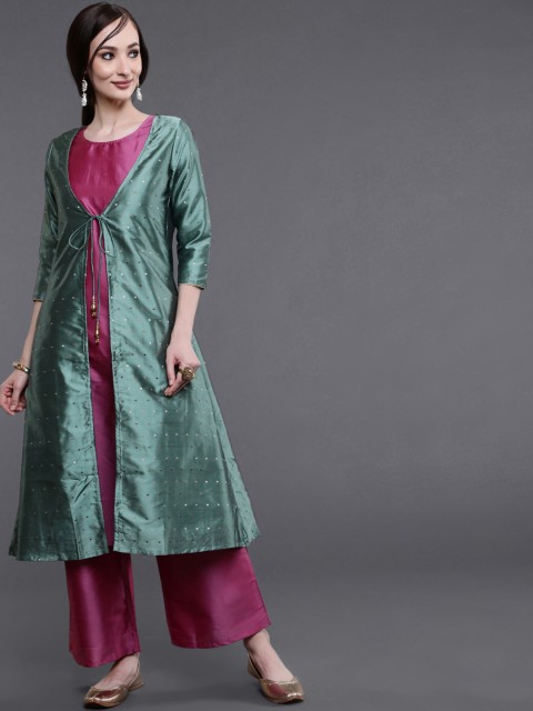

saubhagya Women Green Angrakha Top with Palazzos