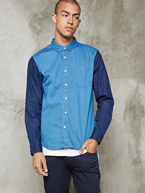 

FOREVER 21 Men Blue Solid Denim Shirt, Na