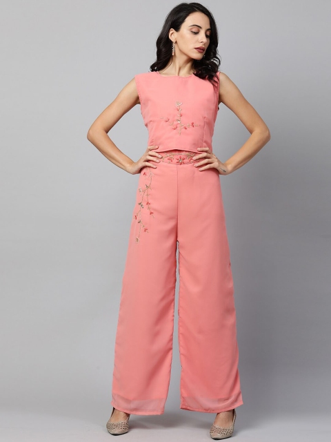 

FASHOR Women Peach Floral Embroidered High Slit Sequinned Top with Palazzos & Sheer Jacket
