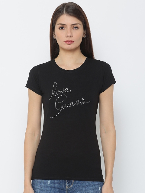 

GUESS Women Black Typography Printed Extended Sleeves Outdoor T-shirt