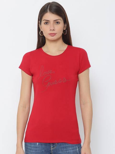 

GUESS Women Orange Typography Printed Outdoor T-shirt