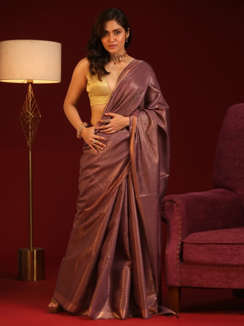 

Indethnic Lavender & Gold-Toned Woven Design Zari Bhagalpuri Saree
