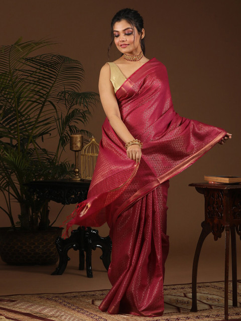 

Indethnic Magenta & Gold-Toned Zari Bhagalpuri Saree