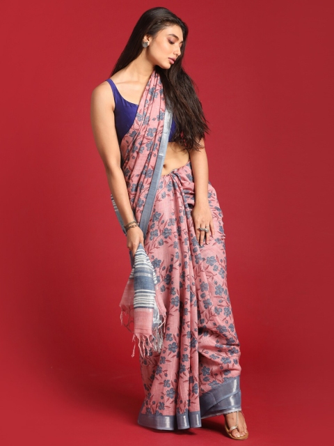 

Indethnic Pink & Silver-Toned Floral Zari Bhagalpuri Saree