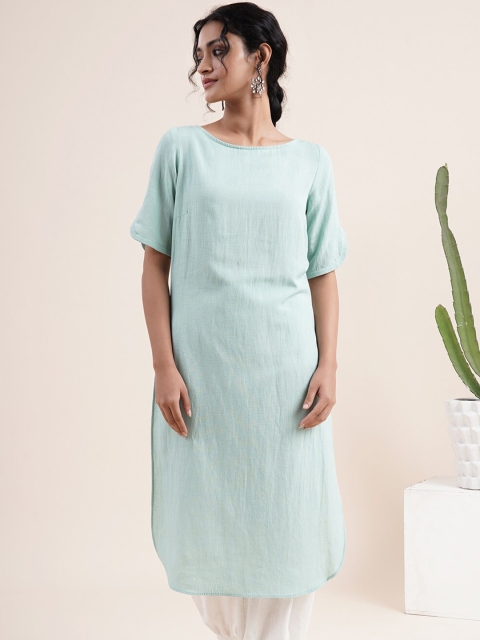 

Abhishti Women Green Striped Extended Sleeves Thread Work Kurta