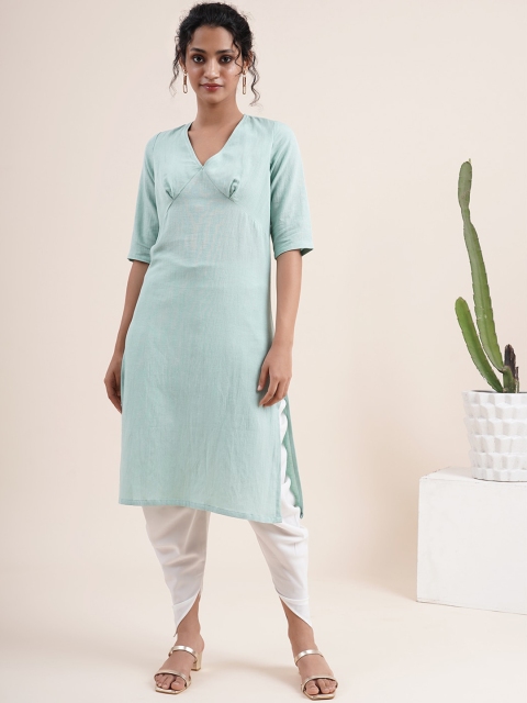 

Abhishti Women Green Flared Sleeves Thread Work Kurta