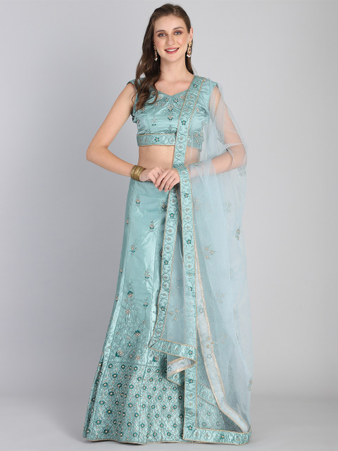

Rajesh Silk Mills Turquoise Blue Embroidered Semi-Stitched Lehenga & Unstitched Blouse With Dupatta