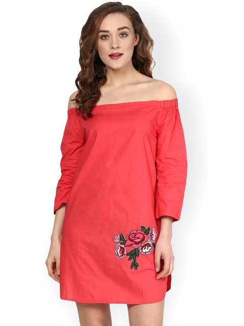 

SASSAFRAS Women Coral Red Off-Shoulder Dress