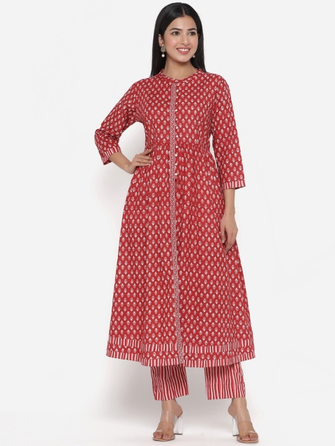 

PINKVILLE JAIPUR Women Red Ethnic Motifs Printed High Slit Pure Cotton Kurta with Trousers