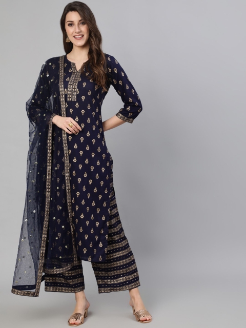 

Nayo Women Navy Blue Ethnic Motifs Printed Panelled Kurti with Palazzos & With Dupatta