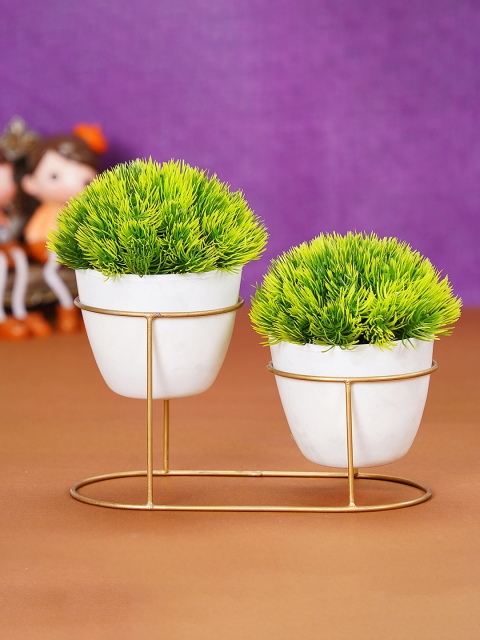

Dekorly Set of 2 Green Grass Artificial Wild Bonsai Plants With Vintage Metal Stand for Home Decor