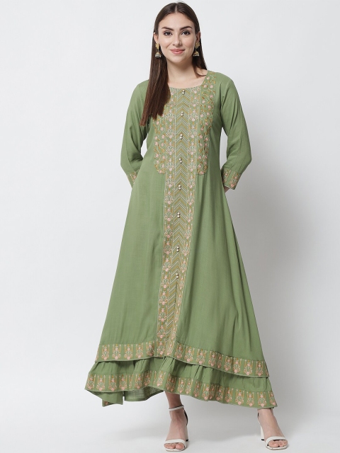 

Pankvi Green Ethnic Motifs Embroidered Maxi Dress