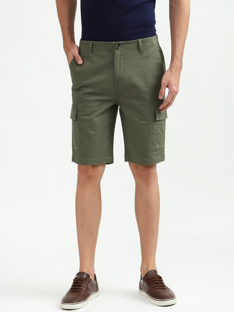 

United Colors of Benetton Men Olive Green Solid Slim Fit Cotton Cargo Shorts