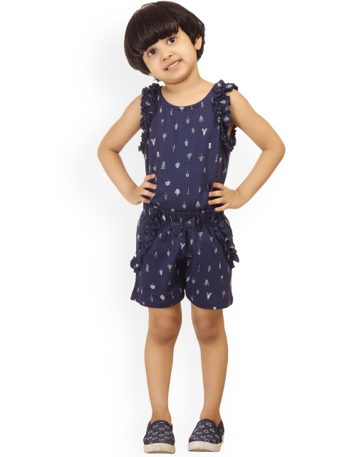 

minnow Girls Navy Blue & White Printed Pure Cotton Night suit