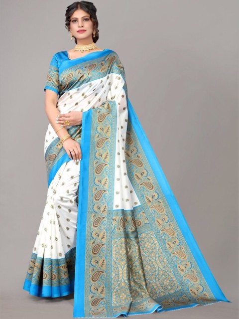 

Yashika Blue & White Ethnic Motifs Printed Art Silk Saree