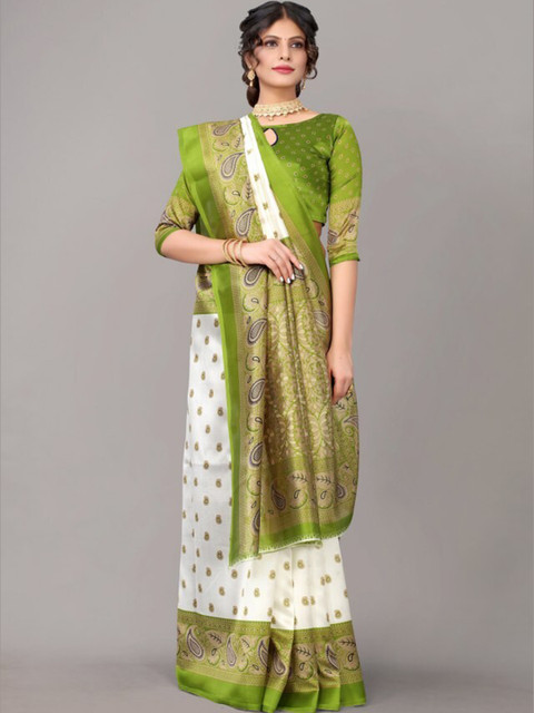 

Yashika Green & White Ethnic Motifs PrintedArt Silk Saree