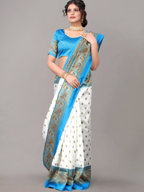 

Yashika Teal & White Ethnic Motifs Art Silk Khadi Saree
