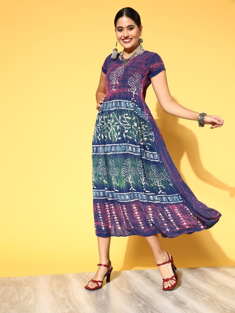 

ZOLA Blue Ethnic Motifs Dyed Ethnic A-Line Maxi Dress
