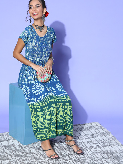 

ZOLA Blue Ethnic Motifs Dyed Ethnic A-Line Maxi Dress