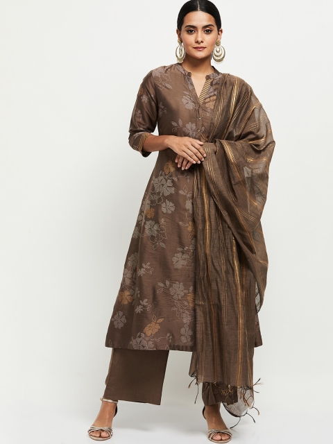 

max Women Brown Floral Printed Empire Kurta with Palazzos & With Dupatta