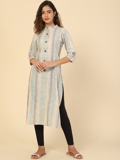 

VAIRAGEE Women Turquoise Blue & Beige Striped Cotton Straight Kurta