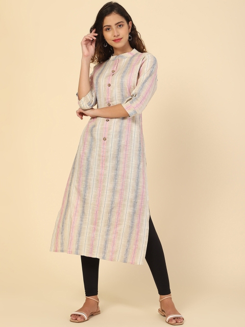 

VAIRAGEE Women Pink Striped Chikankari Kurta