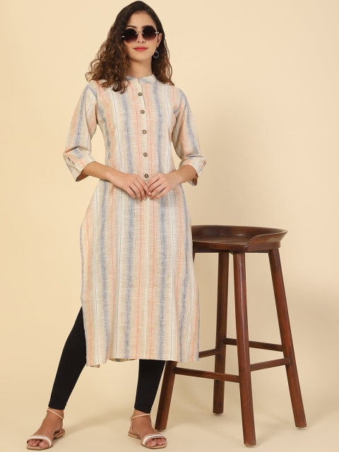 

VAIRAGEE Women Orange Striped Mandarin Collar Kurta