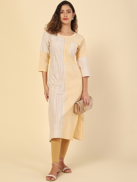 

VAIRAGEE Women Mustard Yellow Floral Striped Thread Work Kurta