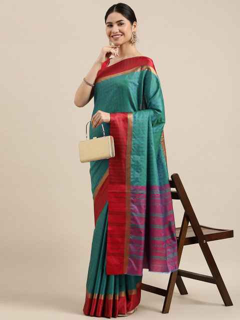 

Mitera Teal Green & Red Woven Design Banarasi Saree