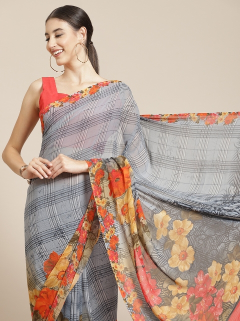 

Satrani Grey & Red Checked Saree