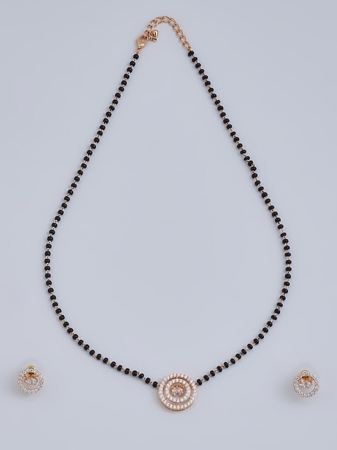 

Kushal's Fashion Jewellery Black & White CZ Studded & Beaded Mangalsutra With Earrings