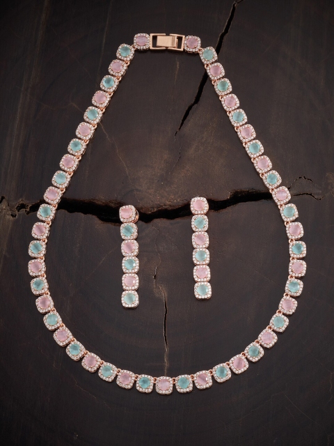 

Kushal's Fashion Jewellery Pink & Sea Green Rose Gold-Plated CZ Jewellery Set