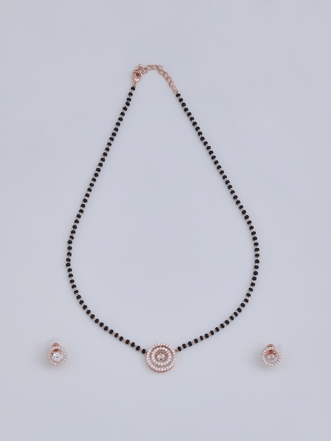 

Kushal's Fashion Jewellery Black & White CZ Studded & Beaded Mangalsutra With Earrings
