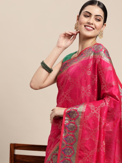 

Saree Swarg Coral Red & Golden Ethnic Motifs Silk Blend Banarasi Sarees