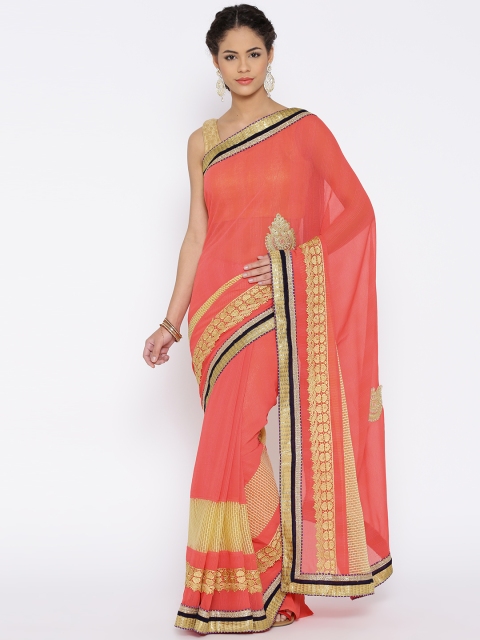 

RAJORI Peach-Coloured Chiffon Embellished Saree
