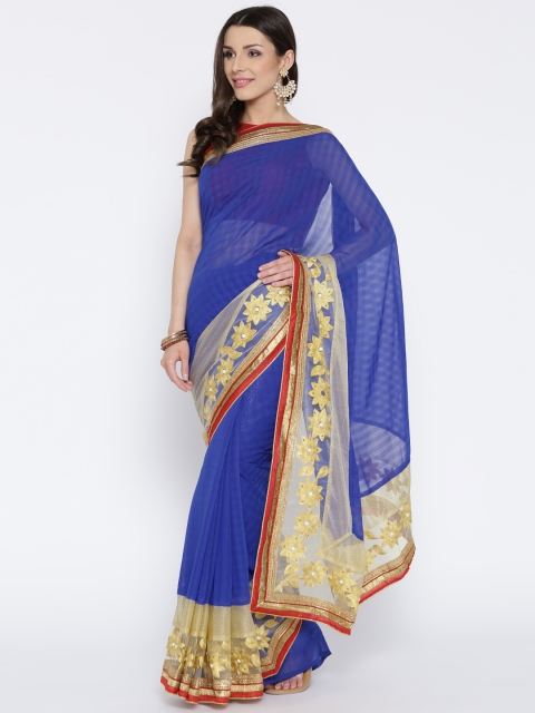 

RAJORI Blue Georgette Self-Striped Embellished Saree