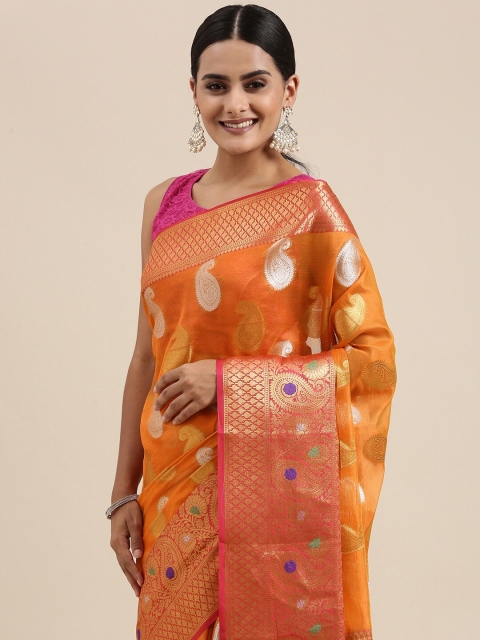 

PERFECTBLUE Orange Woven Design Silk Cotton Saree