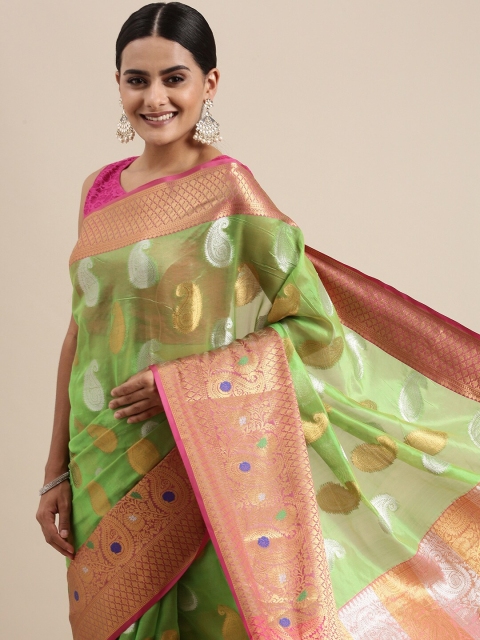 

PERFECTBLUE Green Woven Design Silk Cotton Saree