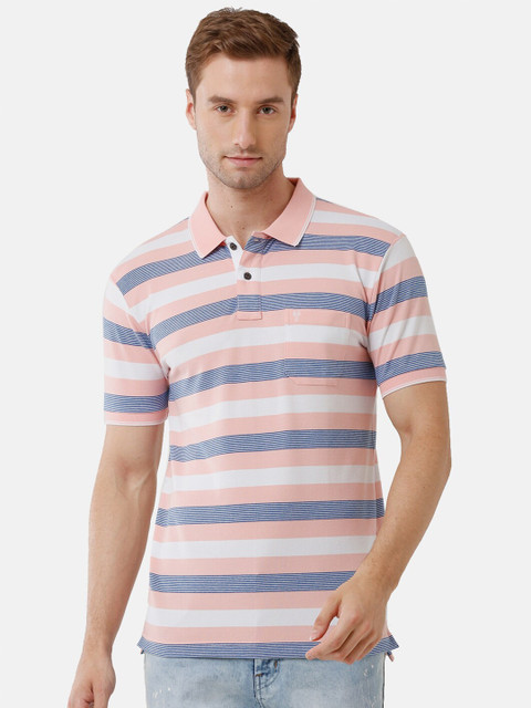 

Classic Polo Men Pink & Blue Striped Polo Collar Slim Fit T-shirt