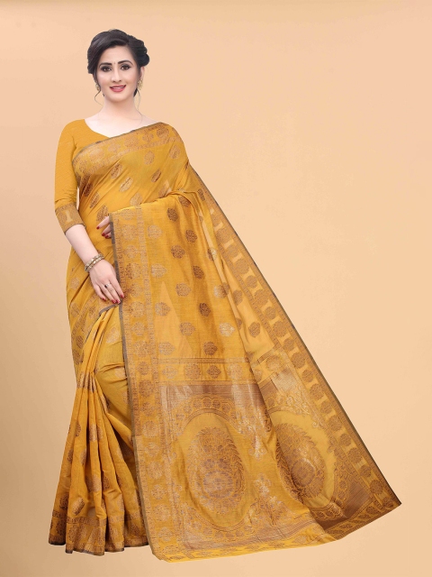 

Silk Land Mustard & Gold-Toned Woven Design Zari Pure Cotton Saree