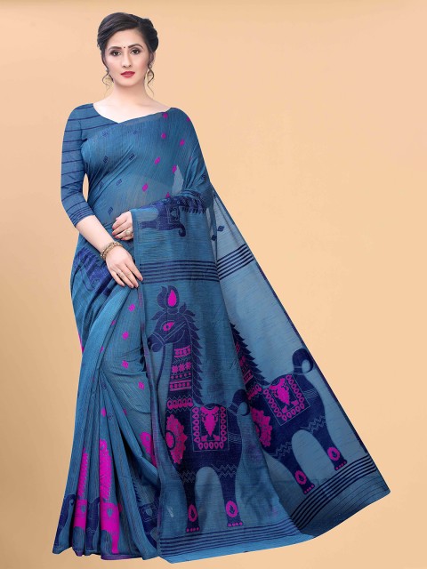 

Silk Land Blue & Magenta Woven Design Zari Pure Cotton Fusion Saree