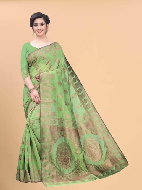 

Silk Land Green & Gold-Toned Woven Design Pure Cotton Saree