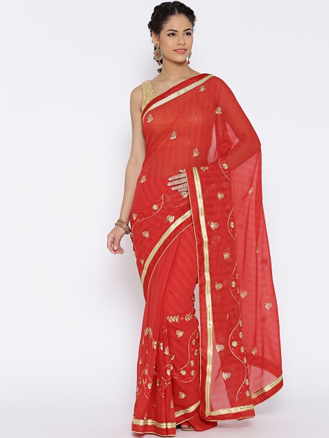 

RAJORI Red Chiffon Self-Striped Embroidered Saree