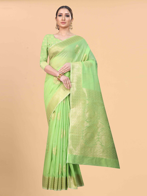 

Silk Land Green & Gold-Toned Woven Design Zari Pure Cotton Saree