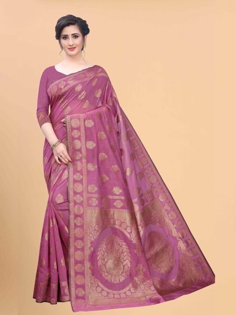 

Silk Land Pink & Gold-Toned Woven Design Zari Pure Cotton Fusion Saree