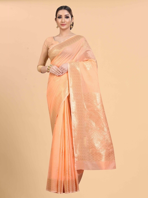 

Silk Land Peach-Coloured & Gold-Toned Woven Design Zari Pure Cotton Saree